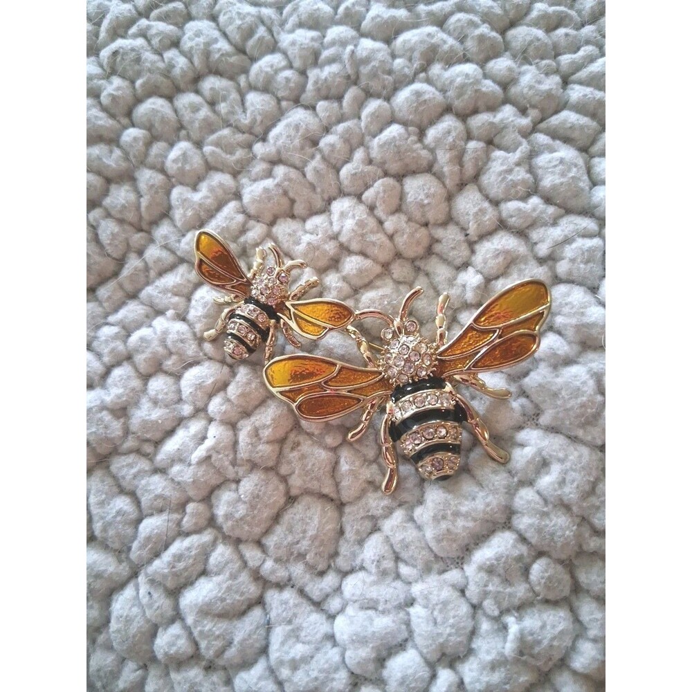 Signed Napier Gold-Tone Clear Rhinestone Black Gold Enamel Bees Brooch